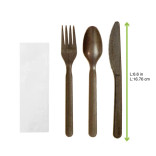 Compostable Coffee Ground 4/1 Cutlery Kit With Kraft Bag (Knife, Fork, Spoon, Napkin) L:7in - 500 pcs Compostable Coffee Ground 4/1 Cutlery Kit With Kraft Bag (Knife, Fork, Spoon, Napkin) L:7in - 500 pcs